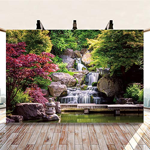 12x8ft Japan Garden Landscape Backdrop Retro Style Park View Photography Background Waterfall Maple Trees Bridge Kyoto Garden Travel Children Adult Portrait Photo Studio Props Wallpaper - size: 12x8ft