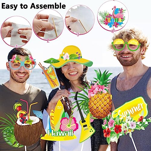 29 PCS Hawaiian Party Photo Booth Props Kit, LMSHOWOWO Inflatable Hawaiian Photo Booth Frame Selfie Frame, Funny Summer Luau Photo Booth Props for Hawaiian Tropical Tiki Summer Pool Party Supplies - color: Colorful Hawaiian