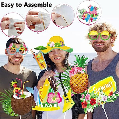 29 PCS Hawaiian Party Photo Booth Props Kit, LMSHOWOWO Inflatable Hawaiian Photo Booth Frame Selfie Frame, Funny Summer Luau Photo Booth Props for Hawaiian Tropical Tiki Summer Pool Party Supplies - color: Colorful Hawaiian