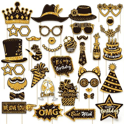 38 Pcs Birthday Photo Booth Props Kits Graduation New Year Wedding Party Favors Black and Gold 40th 50th 60th 70th 80th Happy Birthday Anniversary Party Supplies