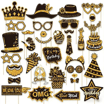 38 Pcs Birthday Photo Booth Props Kits Graduation New Year Wedding Party Favors Black and Gold 40th 50th 60th 70th 80th Happy Birthday Anniversary Party Supplies