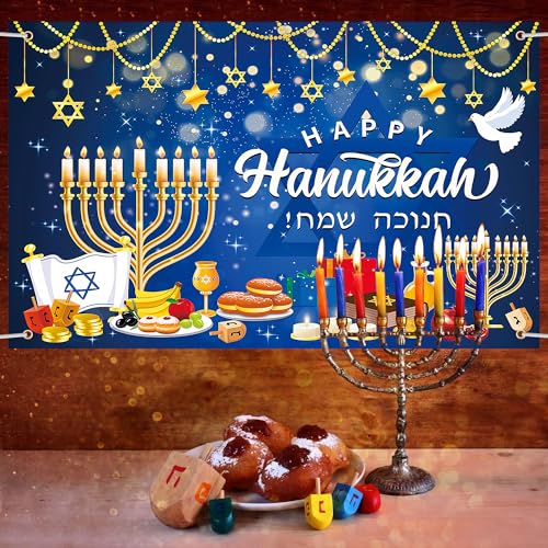 Lucleag Happy Hanukkah Backdrop Banner, 71 x 43 Inch Menorah Blue Shiny Lamps Chanukah Party Background for Hanukkah Decorations, Banner Photography Backdrop for Hanukkah Party Supplies