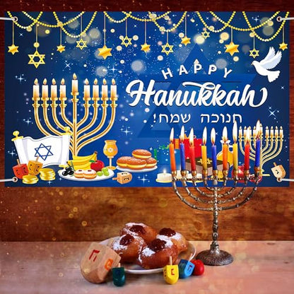 Lucleag Happy Hanukkah Backdrop Banner, 71 x 43 Inch Menorah Blue Shiny Lamps Chanukah Party Background for Hanukkah Decorations, Banner Photography Backdrop for Hanukkah Party Supplies