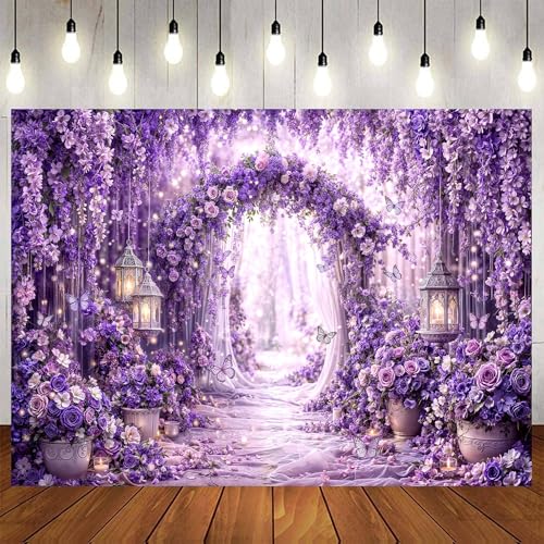 5 x 3 ft Purple Butterfly Floral Photography Backdrop, Wisteria Flower Arch Theme for Girls Party Wedding Birthday Baby Shower Cake Table Decor Photo Booth Props - color: Purple, size: 5x3ft