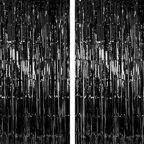 2 Pack Thickened Black Metallic Foil Fringe Curtains Streamer Rip Resistant Shimmer Tinsel Photo Booth Backdrop for Birthday Wedding Christmas Bachelorette Party Decorations 3.28ft x 6.56ft - color: Black, size: 2 Pack