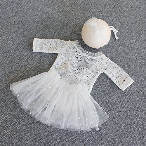 Zeroest Newborn Photography Outfits Girl Lace Romper Newborn Photography Props Rompers Baby Girls Skirt Photoshoot 3 PCS - color: White-long Sleeve