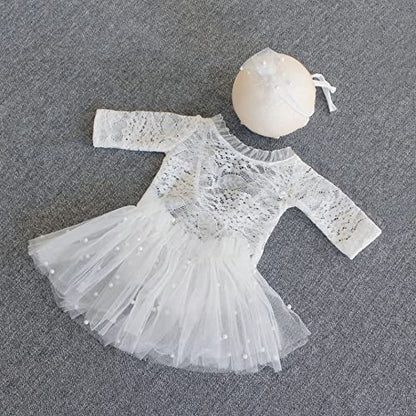 Zeroest Newborn Photography Outfits Girl Lace Romper Newborn Photography Props Rompers Baby Girls Skirt Photoshoot 3 PCS - color: White-long Sleeve