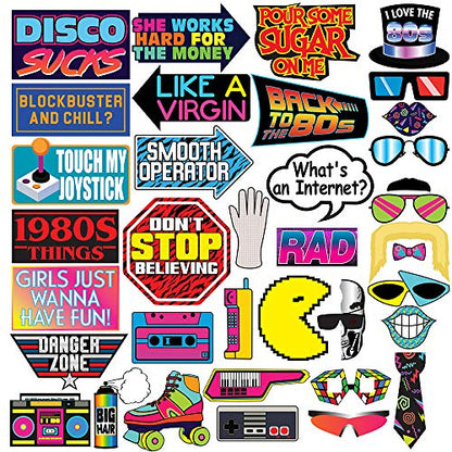 Retro 80s Photo Booth Props - 37 Pieces - Funny 1980s Theme Party Supplies, Decorations and Gifts