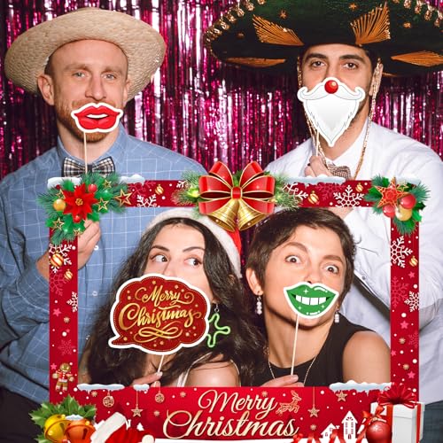 Christmas Photo Booth Props Kit, 24Pcs Fun Photo Props & Selfie Frame for Christmas Photos Decoration, Funny Santa & Gingerbread Photo Props for Xmas Holiday Party Decoration