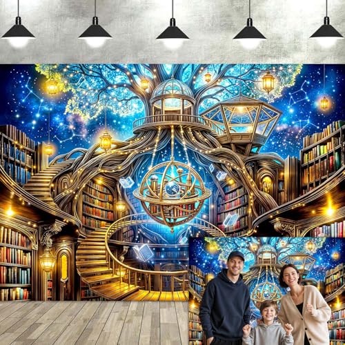 9X6ft Magic Library Photography Backdrop, Fantasy Tree Library with Armillary Sphere Starry Sky Background, Enchanted Bookstore Decor for Book Lovers Reading Birthday Party Photo Booth - color: Multi3, size: 9x6ft