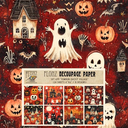 Decoupage Paper Pack (24 Sheets 6"x6") Pumpkin Ghost Village ~ Naive Hand-Drawn Halloween Scenes with Ghosts, Pumpkins and Haunted Houses in red-Orange hues - color: FourtyFour