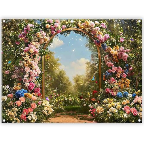 8x6ft Fabric Spring Enchanted Garden Backdrop Fairytale Forest Floral Butterfly Wonderland Oil Paint Photography Background Girl Kids Birthday Decor Photo Banner - size: 8'x6'