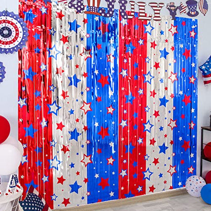 LOLStar 4th of July Decorations, Red White Blue 5 Pack America Star Tinsel Foil Fringe Curtains, 4th of July Photo Booth Prop Streamer Backdrop for Independence Day, Memorial, Labor, Patriotic - size: 5 Pack