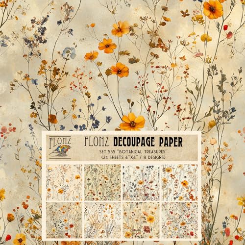 Decoupage Paper Pack (24 Sheets 6"x6") Botanical Treasures: Elegant Blooms for Rustic and Vintage-Inspired Craft Projects # Vintage Styled Paper for Craft and Scrapbooking - color: FortySeven