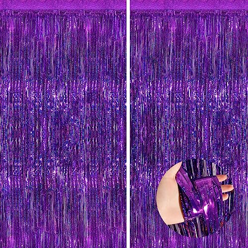 Purple Metallic Tinsel Foil Fringe Curtains, 2 Pack 3.3x8.3 Feet Party Streamer for Birthday Party Decorations, Halloween Decor, Foil Curtain Backdrop for Bachelorette Party - color: Purple, size: 2 Pack