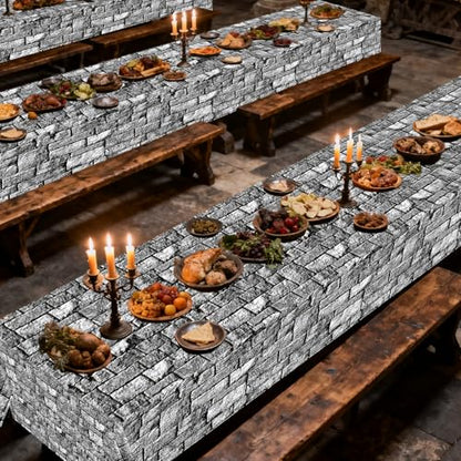 party greeting Stone Wall Tablecloth Roll 200FT x 51 Inch Disposable Brick Stone Plastic Table Covers Roll Castle Wall Backdrop for Halloween Western Birthday Medieval Party Decoration Favors Supplies