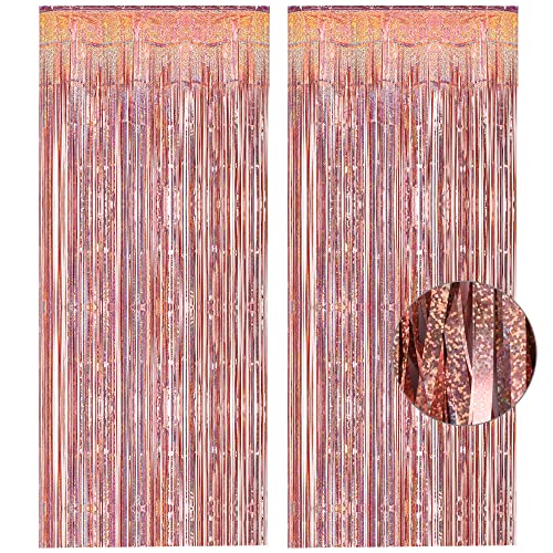 Rose Gold Tinsel Curtain Party Backdrop - GREATRIL Foil Fringe Curtain Streamers for Bachelorette Party Decorations Bride Be Party Streamers 2 Packs (Rose Gold) - color: Rose Gold