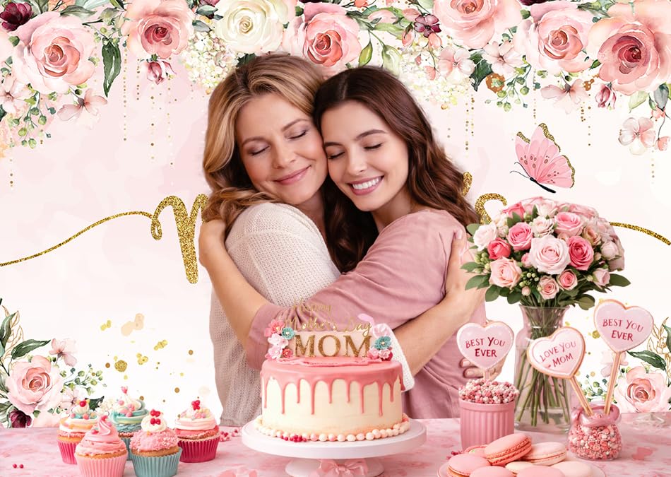 8x6ft Mother's Day Photography Backdrop Mothers Day Gold and Pink Flowers Photo Backdrop Mother's Day Brunch Decoratios Banner Background Studio Props 264 - size: 8x6ft