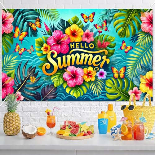 HOMETITUTE Hello Summer Banner 71 x 43 inch Summer Hawaiian Party Decorations Flower Butterfly Summer Outdoor Decorations Supplies Backdrop Tropical Beach Hawaiian Party Themed Photo Booth Props