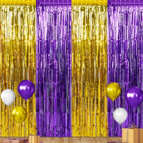 6Pack 3.3Ft x 6.6Ft Graduation Foil Fringe Curtain Backdrop Decorations, Purple Gold Metallic Tinsel Foil Streamers Curtain Photo Booth Background for Graduation Prom Wedding Birthday Party Decoration - color: Purple Gold
