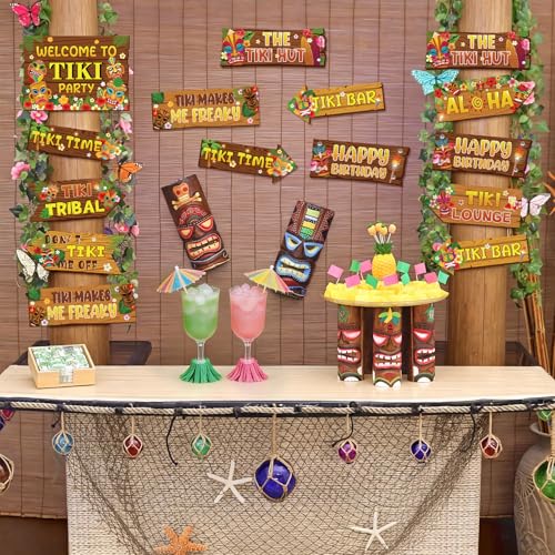 Hooqict 20 Pieces Hawaiian Luau Party Decorations Welcome to Tiki Party Directional Sign for Outdoor Summer Tropical Hawaiian Luau Tiki Birthday Party Decorations Supplies - style: Tiki