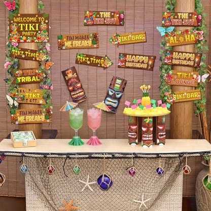 Hooqict 20 Pieces Hawaiian Luau Party Decorations Welcome to Tiki Party Directional Sign for Outdoor Summer Tropical Hawaiian Luau Tiki Birthday Party Decorations Supplies - style: Tiki