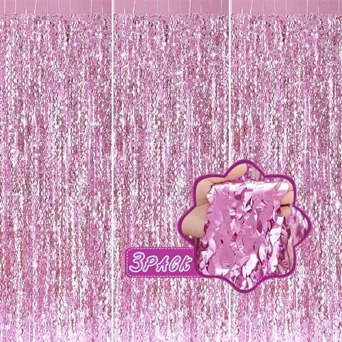 Pink Foil Fringe Curtain - Wavy Fringe Backdrop 3.3 x 6.6 Feet, Pack of 3 | Pink Streamers Party Decorations Birthday Decorations Valentine's Day Decoration Party Supplies - color: Pure Pink