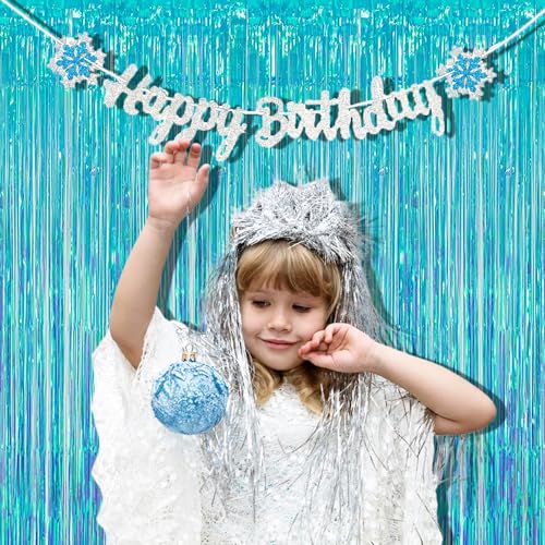 BRAVESHINE Iridescent Blue Foil Fringe Backdrop - 2 Pack 3.2x6.5 ft Holographic Tinsel Streamers Curtains for Christmas/Frozen/Winter’s Snowflake/Birthdays/Mermaid/Sea Party Decorations - color: Clear Blue