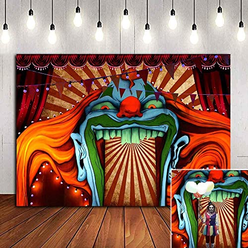 Scary Giant Clown Photography Backdrop Red White Stripe Carnival Photo Background Photo Booth Studio Props Supplies Horror Circus Haunted House 7x5ft Vinyl Halloween Party Banner Decorations - size: 7x5ft