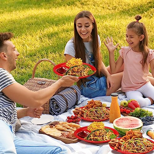 Umigy 100 Pcs 10 Inch 3 Compartments Divided Plastic Plates Bulk Colorful Disposable Heavy Duty Round Dinnerware for Valentine Wedding Birthday Party(Red) - color: Red