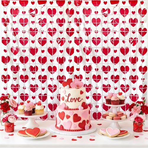 2 PCS Valentines Foil Curtain Backdrop, Valentines Day Party Decorations Red Pink White Heart Photo Booth Props for Valentine's Day Decor Birthday Wedding (A)