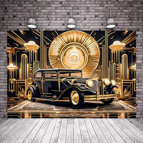 Roaring 20s Background 7x5ft Black Gold Retro Texture Background for 20's Prom Party Decor Portrait Photo Shoot 1920s Vintage Car Backdrop Photography Studio Set Props BJXPVV841 - size: 7x5FT