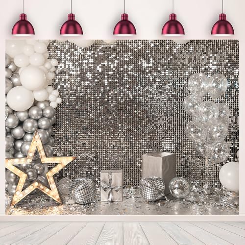 8x6FT Silver Sequin Photo Backdrop Balloons Star Shiny Sparkle Theme Photography Background Birthday Wedding Celebration Events Party Banner Decoration Photoshoot Supplies Polyester - size: 8x6FT