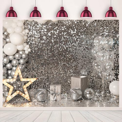 8x6FT Silver Sequin Photo Backdrop Balloons Star Shiny Sparkle Theme Photography Background Birthday Wedding Celebration Events Party Banner Decoration Photoshoot Supplies Polyester - size: 8x6FT