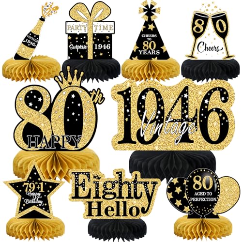 9Pcs 80th Birthday Decorations Honeycomb Centerpieces for Men Women, Black Gold Happy 80th Birthday Centerpieces Tables Toppers Party Decorations Supplies,Vintage 1946 Aged Table Sign Decor - color: Black Gold 80th