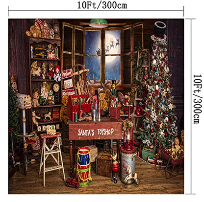 Christmas Santa's Toy Shop Photography Backdrop for Party Christmas Tree Gift Snow Window Wood Shed Store Background Family Portrait Seamless Vinyl Photo Props Banner Supplies PGT660E 10x10ft - size: 10'X10'