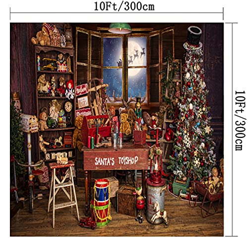 Christmas Santa's Toy Shop Photography Backdrop for Party Christmas Tree Gift Snow Window Wood Shed Store Background Family Portrait Seamless Vinyl Photo Props Banner Supplies PGT660E 10x10ft - size: 10'X10'