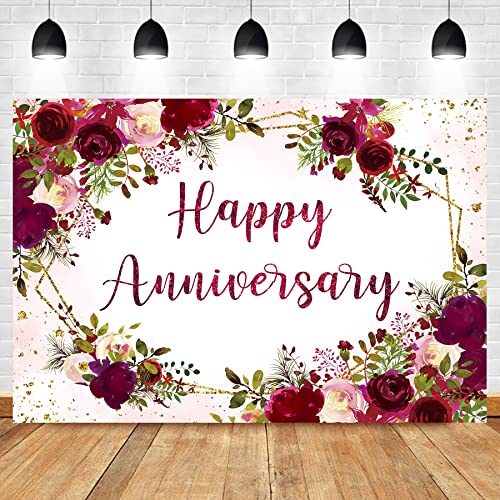 Happy Anniversary Backdrop 7Wx5H Feet Polyester Fabric Elegant Burgundy Flower Rose Plant Botanical Decoration Green Leaves Gold Glitter Photography Background Photo Shoot Props - color: B-01Anniversary(Burgundy), size: 7Wx5H