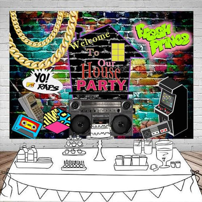 Mocsicka Hip Hop 90s Backdrop House Party Decorations 8x6ft 80s 90s Graffiti Wall Retro Radio Roller Skates Background Music Rock Punk Party Banner Decorations Studio Props - size: 8x6ft