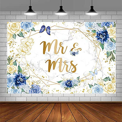 AIBIIN 7x5ft Mr and Mrs Floral Marble Backdrop for Bridal Shower Blue Flowers Butterfly Photography Background Gold Geometric Couple Wedding Party Decorations Bride to Be Engagement Banner Props
