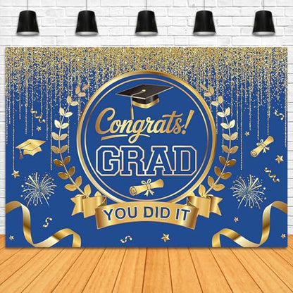 Graduation Backdrop Congrats Grad You Did It Party Decorations Background Congratulations Graduate Class of 2026 Banner Photo Booth Props (Blue and Gold, 7x5ft) - color: Blue and Gold