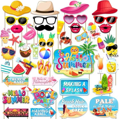 43Pcs Summer Party Decorations Photo Props, Summer Booth Props, Pool Decorations Beach Photo Booth Props, Sum mer Pool Funny Selfie Photo Booth Props for Hawaii Party