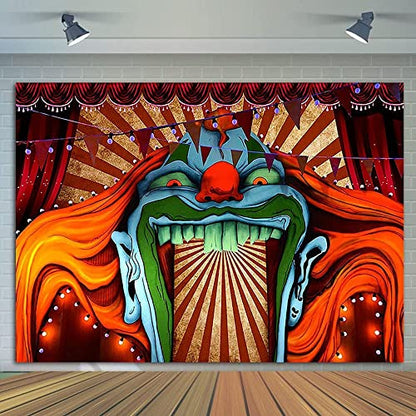 Vinyl 8X6FT Scary Giant Clown Photography Backdrop Red White Stripe Carnival Photo Background Photo Booth Studio Props Supplies Horror Circus Haunted House Halloween Party Banner Decorations - size: 8x6ft