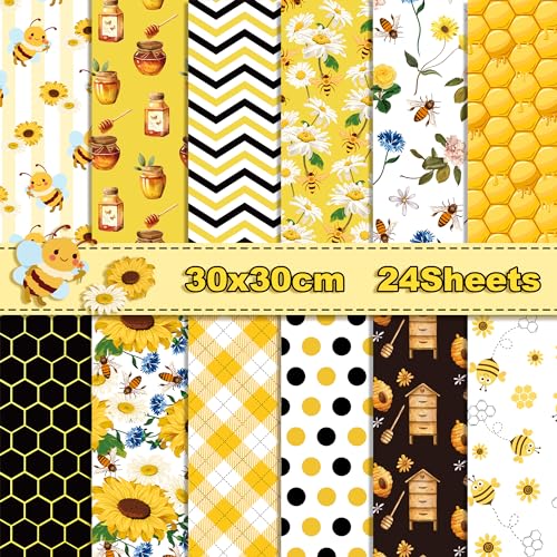Bee Scrapbook Paper 12 x 12 Double Sided - 24 Sheets Yellow Black Floral Honeycomb Scrapbooking Patterned Specialty Decorative Craft Paper Sheet for Card Making Photo Album - color: Bee and Flower