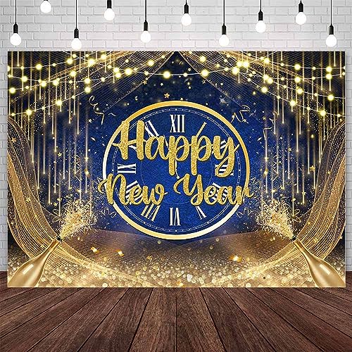 AIBIIN 10x7ft Happy New Year Backdrop 2024 New Years Party Decorations Gold Royal Blue New Years Eve Annual Countdown Party Supplies Gold Glitter Champagne Family Party Banner Photo Shoot Props - color: Gold Royal Blue, size: 10x7ft