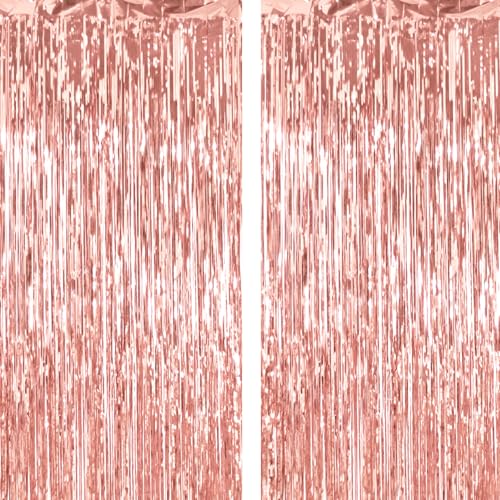 2 Pack Thickened Rose Gold Metallic Foil Fringe Curtains Streamer Rip Resistant Shimmer Tinsel Photo Booth Backdrop for Birthday Wedding Christmas Bachelorette Party Decorations 3.28ft x 6.56ft - color: Rose Gold, size: 2 Pack