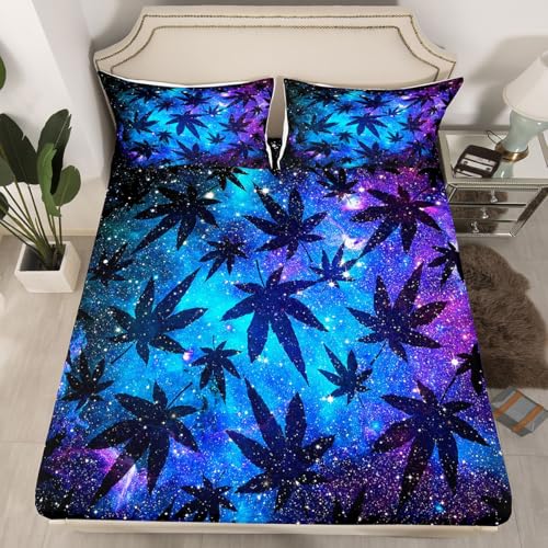 Erosebridal Leaves Bed Sheets 4 Pcs Kids Girls Boys Teens Galaxy Sheet Set Queen + Deep Pocket Fitted Sheets+ Chic Purple Blue Flat Sheet + Room Decor - color: Multi 4, size: Queen