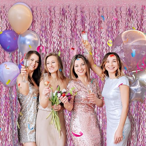 Pink Tinsel Foil Fringe Curtains Wavy Backdrop for Parties Sparkle Metallic Wavy Foil Fringe Backdrop Curtain for Party Decorations Photo Booth Props for Birthday Graduation Wedding - color: Pink, size: 10 Pack