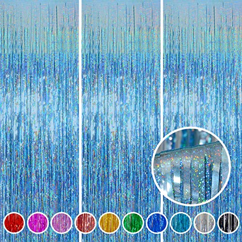 Foil Fringe Curtain Easter Decorations for Home - Melsan 3 Pack 3.2 x 8.2 ft Tinsel Curtain Party Photo Backdrop for Birthday Party Baby Shower or Graduation Decorations Light Blue - color: Light Blue