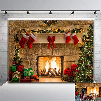 8x6ft Fireplace Holiday Photography Backdrop Photo Booths Studio Props Vinyl Christmas Stocking Tree Photo Background Winter Xmas Birthday Party Decorations Baby Shower Supplies - size: 8x6ft